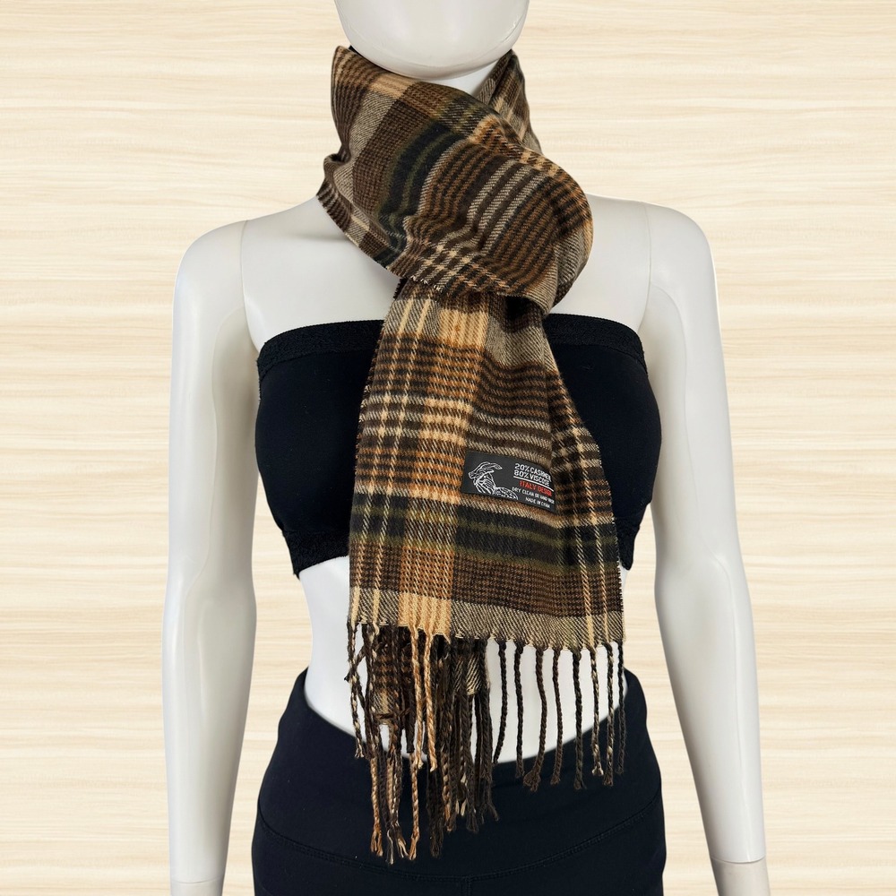 Cashmere Blend Plaid Scarf Brown Tan Tartan Fringe Italy Design Classic Preppy